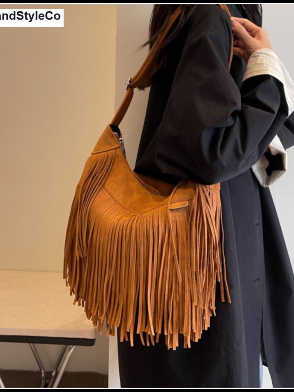 Vintage Vegan Suede Fringe Hobo Bag Tote Crossbody Shoulder Bag Western Purse - Picture 6 of 6
